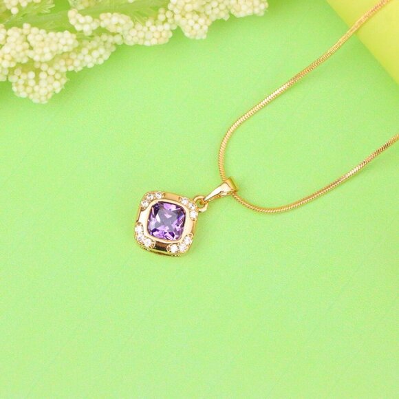 "Purple Cushion Stone Pendant in Gold Plated Brass with Crystal Halo, XPPT1770 - Picture 12 of 13